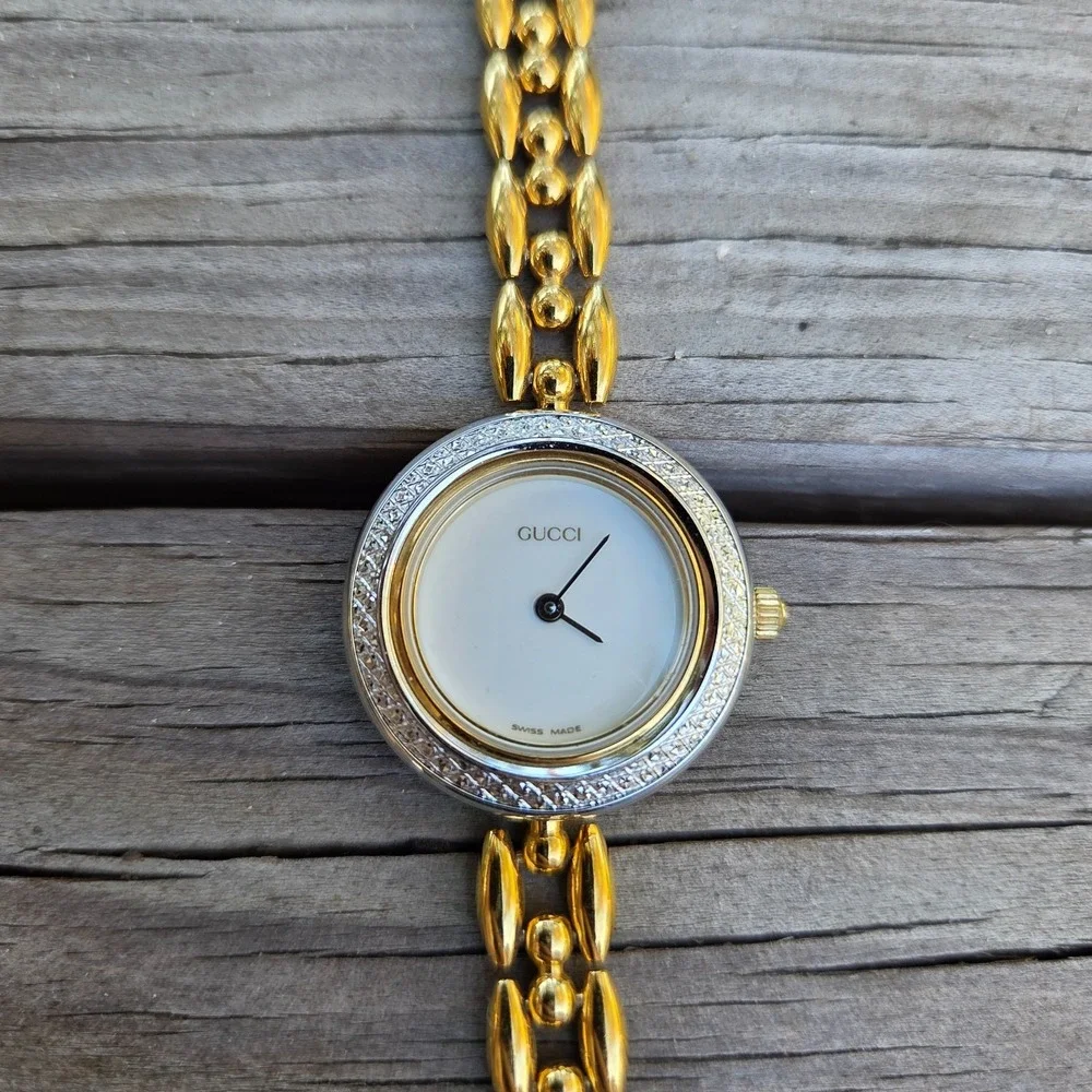 Gucci 1200 Diamond Cut Gold Tone Wrist Vintage Womens Watch Box & New Battery